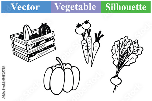 Set of organic vegetable line art illustrations featuring a wooden crate, pumpkin, carrots, and radish for farm-to-table design