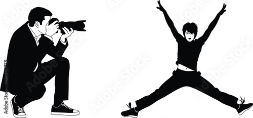 Photographer and jumping woman silhouette set isolated on light background, creative people action illustration for studio, media, motion, and lifestyle design