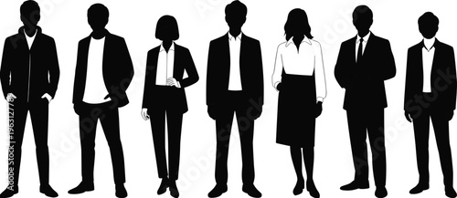 Professional business team silhouettes of diverse men and women in corporate attire standing together, representing workplace diversity, teamwork, leadership, and corporate unity.