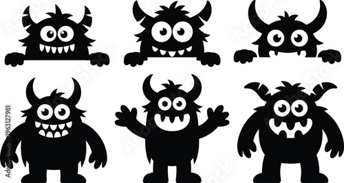 Set of cute cartoon monsters in black silhouette, funny spooky characters collection, playful halloween creatures isolated on white background vector style illustration