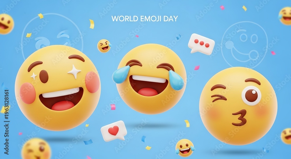 Naklejka premium A colorful illustration of laughing emojis on World Emoji Day with confetti and speech bubbles