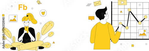 Woman using social media while man analyzes data trends and communication metrics together creatively