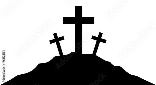 Three Christian crosses silhouetted on a hill, symbolizing Calvary.