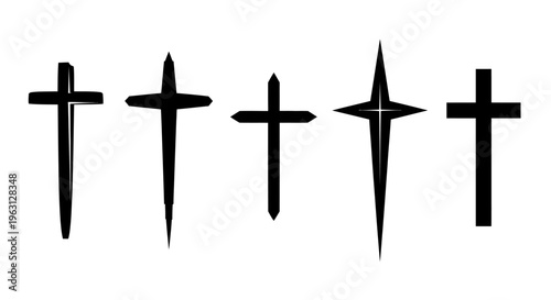 Collection of five distinct black Christian cross symbols in a row.