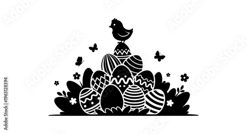Easter eggs with a chick and butterflies, black and white silhouette.