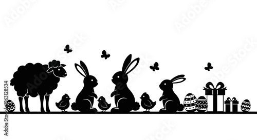 Easter silhouette with sheep, bunnies, chicks, and decorated eggs.