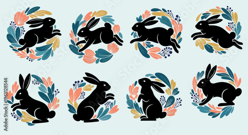Collection of black rabbit silhouettes in various poses surrounded by floral wreaths.