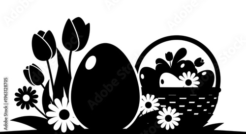 Easter eggs and tulips with a basket of eggs and flowers.