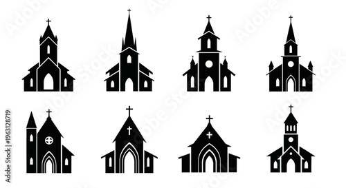 Collection of eight distinct black silhouette church icons with steeples and crosses.