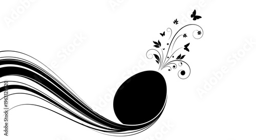 Stylized musical note with flowing lines and decorative butterflies.