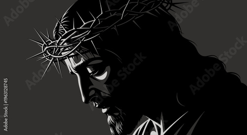 Jesus Christ wearing crown of thorns in a dramatic black and white portrait.