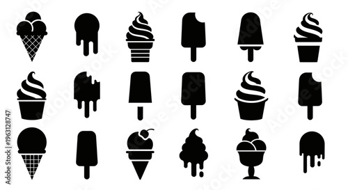 Collection of various ice cream and popsicle silhouettes in black and white.