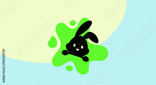 Black rabbit silhouette on a vibrant green splash.