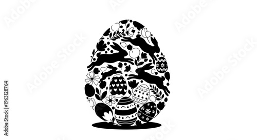 Easter egg silhouette with bunnies and floral patterns.