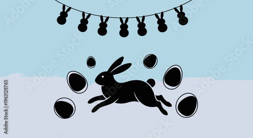 A black silhouette of a rabbit hopping among dark, egg-shaped objects.