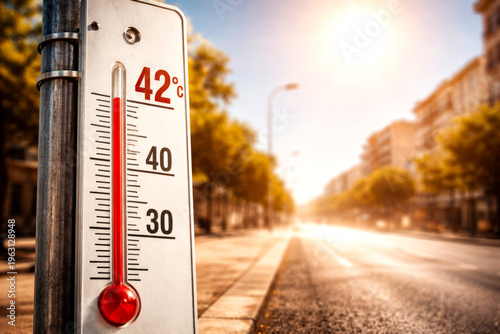 Street thermometer showing forty two degrees during extreme summer heatwave in city