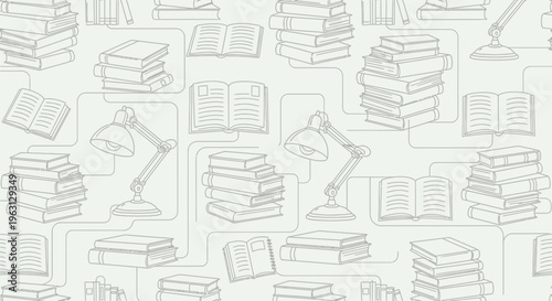 Seamless Pattern with Hand Drawn Books and Desk Lamps