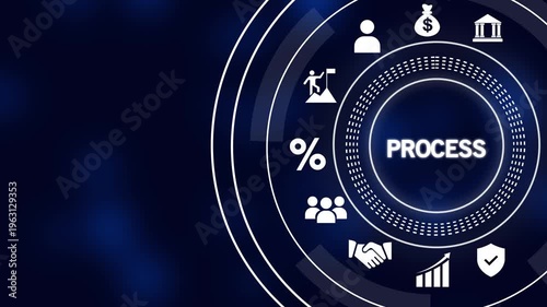 Futuristic Circular Interface with Icons Representing Business Concepts and the Word Process technology
