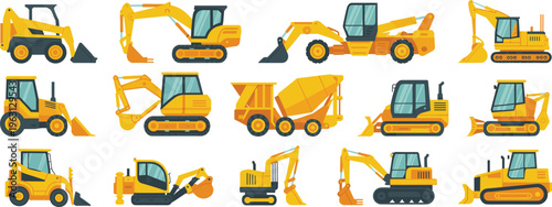 Construction vehicles vector set with excavator bulldozer loader dump truck heavy machinery equipment flat design illustration collection industrial