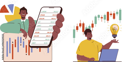 Two individuals engaged with financial data, trading apps, and stock market analysis on devices