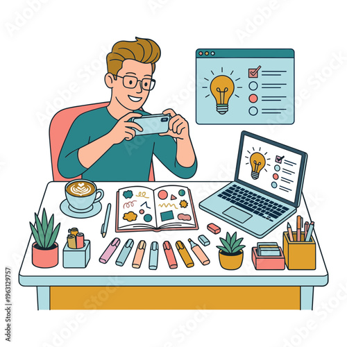 A man sitting at a desk is smiling while holding a smartphone with a laptop and various creative tools around him in an office.