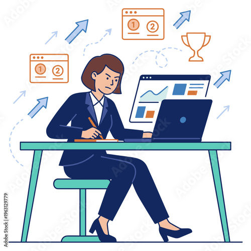 A woman analyzes data on her laptop at a desk with charts.