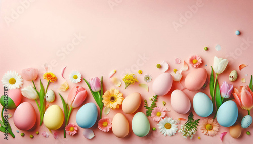 Easter Flat Lay Background with Pastel Eggs, Spring Flowers and Wicker Basket on Green, pink