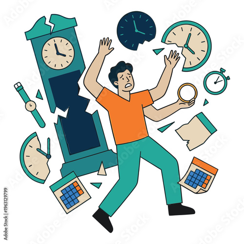 Man surrounded by clocks and calendars feels stressed and disorganized.