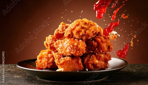Gochujang fried chicken pieces flying with chili sauce