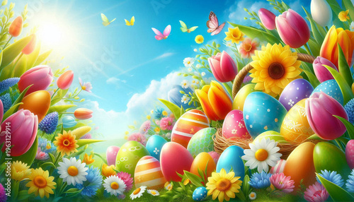 Easter Flat Lay Background with Pastel Eggs, Spring Flowers and Wicker Basket on Green