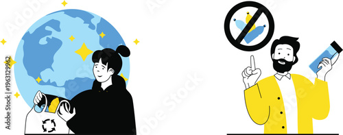 People emphasizing environmental awareness and avoiding plastic waste with globe and recycling symbols