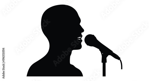 Vector graphic illustration of a man speaking into a microphone in a simple design