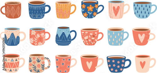 Cute colorful coffee mug collection with decorative patterns and hearts, cozy tea cups vector set isolated on white background for kitchen, cafe, and lifestyle design