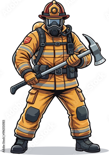 Full Body Cartoon Firefighter Character in Yellow Turnout Gear Holding Pickaxe - Fireman with Gas Mask Helmet SCBA Tank Tactical Equipment White Background Vector Illustration