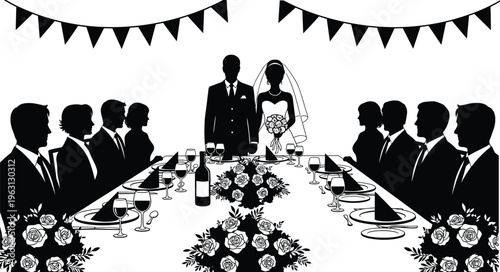 Wedding reception silhouettes with bride and groom at decorated table, guests dining, floral arrangements, and celebration scene illustration isolated on white background