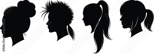 Women hairstyle silhouette set with bun, short cut, and ponytail profiles isolated on light background, fashion beauty salon design collection illustration