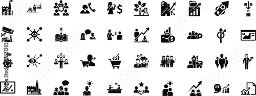 Diverse icons representing various business, technology, finance, and social concepts creatively depicted in black and white