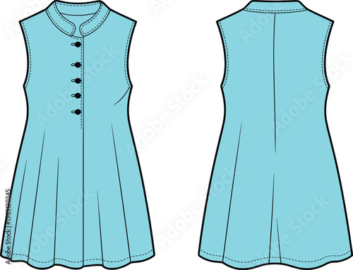 Women sleeveless dress front and back view illustration, fashion technical drawing, button detail design, apparel template, clothing mockup, modern garment flat sketch style