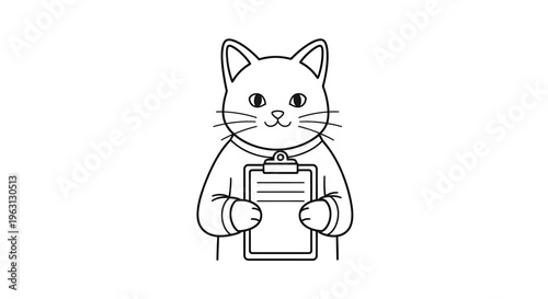 Black and white outline drawing of a cute cartoon cat holding a clipboard, appearing as a professional or assistant character.