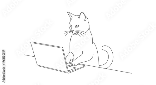 Minimalist black and white line drawing of a domestic cat sitting at a desk and typing on a laptop computer.