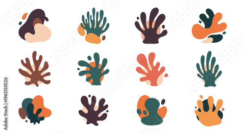 Vibrant coral reef shapes in orange green and brown hues