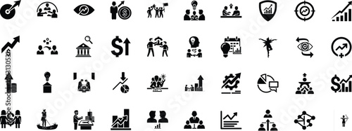 Diverse icons representing business, finance, teamwork, growth, strategy, and communication concepts creatively