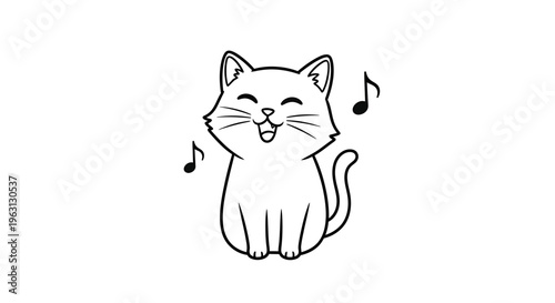 Cute cartoon cat singing happily with musical notes, black and white line art illustration.