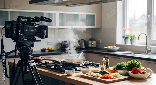 Culinary content creation in a modern kitchen with a video camera and fresh ingredients for a cooking show or food vlog