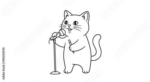 Cute cartoon cat singing into a microphone on a stand, depicted in a simple black and white line art style.