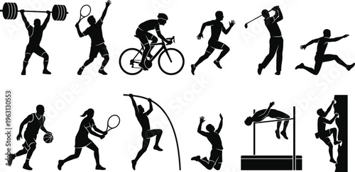 Sports silhouette set with athletes in weightlifting, tennis, cycling, running, golf, basketball, pole vault, high jump, and climbing action poses