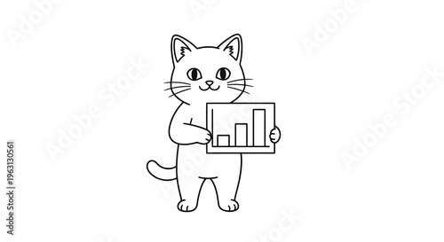 Cute cartoon cat holding a bar graph, representing data analysis and business statistics, isolated on a white background.