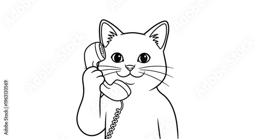 Cute cartoon cat holding a vintage telephone receiver to its ear, smiling gently.