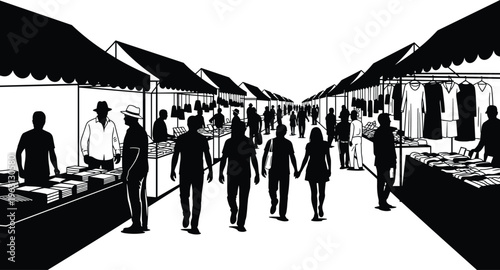 Street market silhouettes illustration with people shopping at outdoor stalls, urban bazaar scene, vendors and customers concept, city lifestyle marketplace isolated on white background