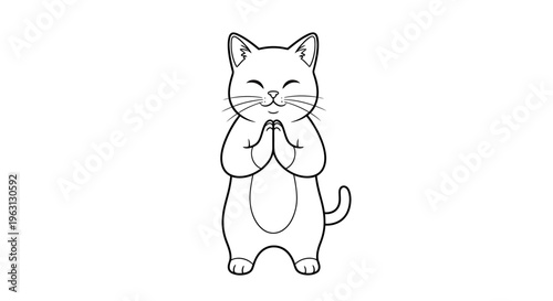 Cute cartoon cat standing with paws together in a praying or respectful gesture, line art drawing.